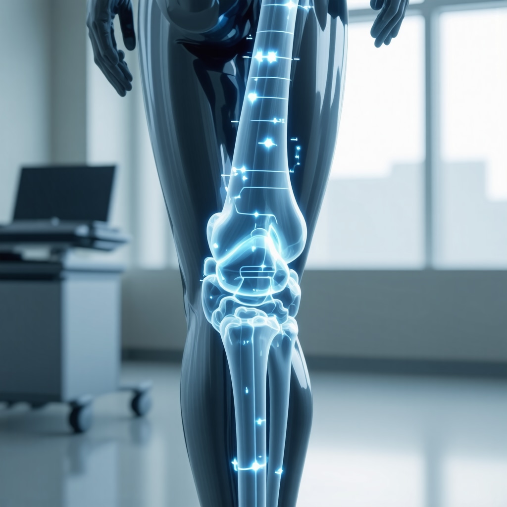 Futuristic digital representation of a knee joint with data overlays