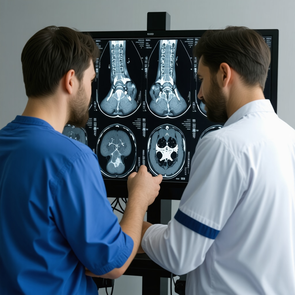 Orthopedic surgeon explaining MRI scan findings to a patient in the clinic.