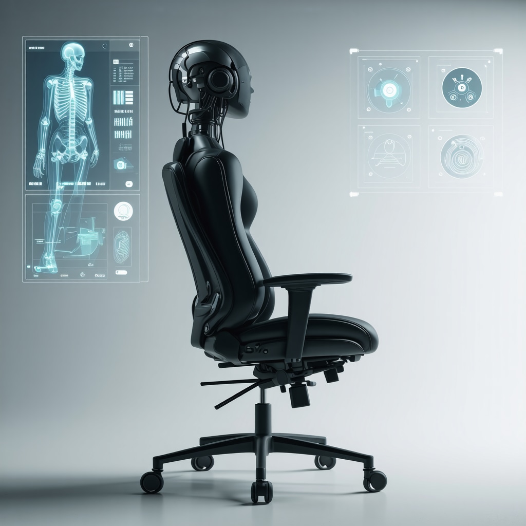 Futuristic ergonomic chair equipped with sensors and AI displaying spinal alignment data for orthopedic spine pain management