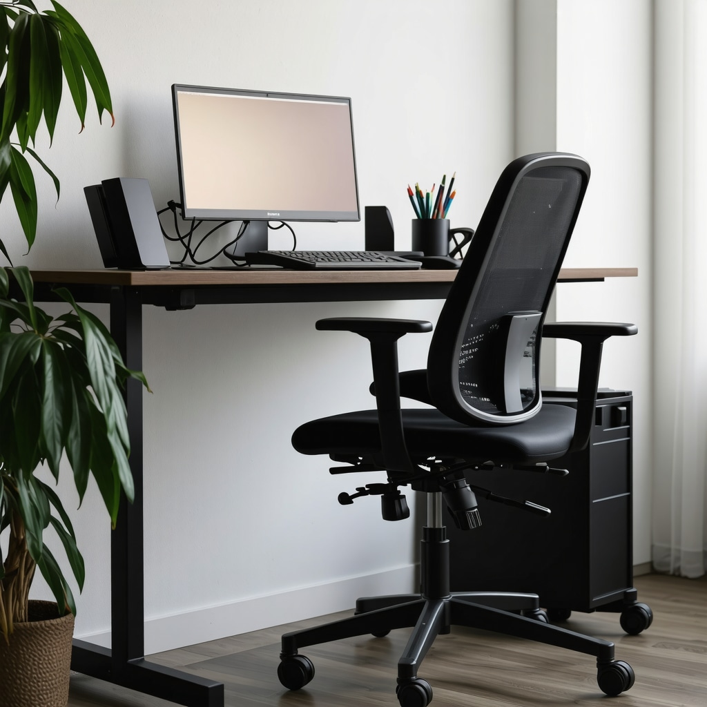 Ergonomic workspace with adjustable desk and supportive chair to prevent repetitive strain injuries