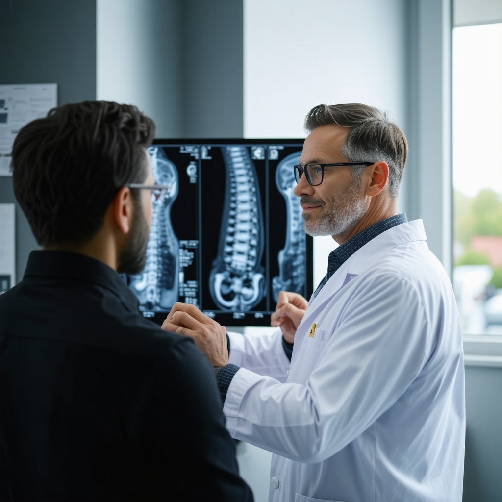 Orthopedic surgeon showing MRI scans to a patient in a clinic setting.