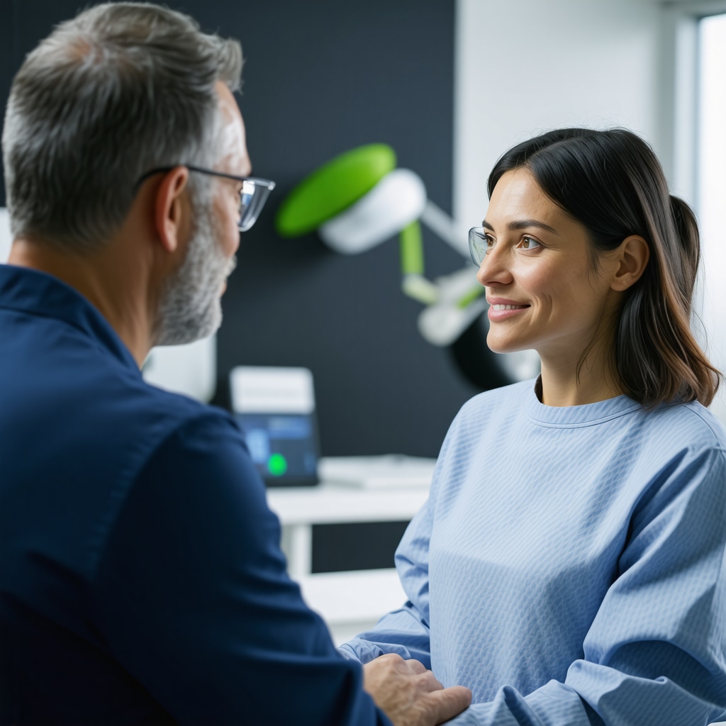 Orthopedic surgeon explaining innovative spine procedures to a patient in a clinical setting.