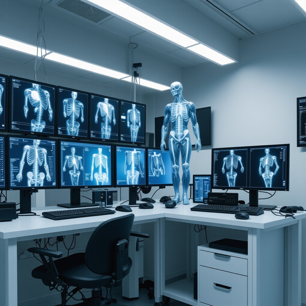 3D orthopedic bone models and wearable sensor data visualized on computer screens in a forensic biomechanics lab