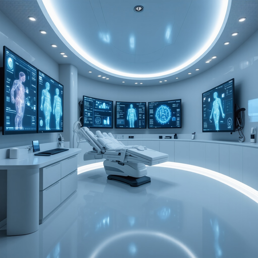 Orthopedic clinic with advanced AI monitoring, genomic data displays, virtual reality rehabilitation, and multidisciplinary team collaboration