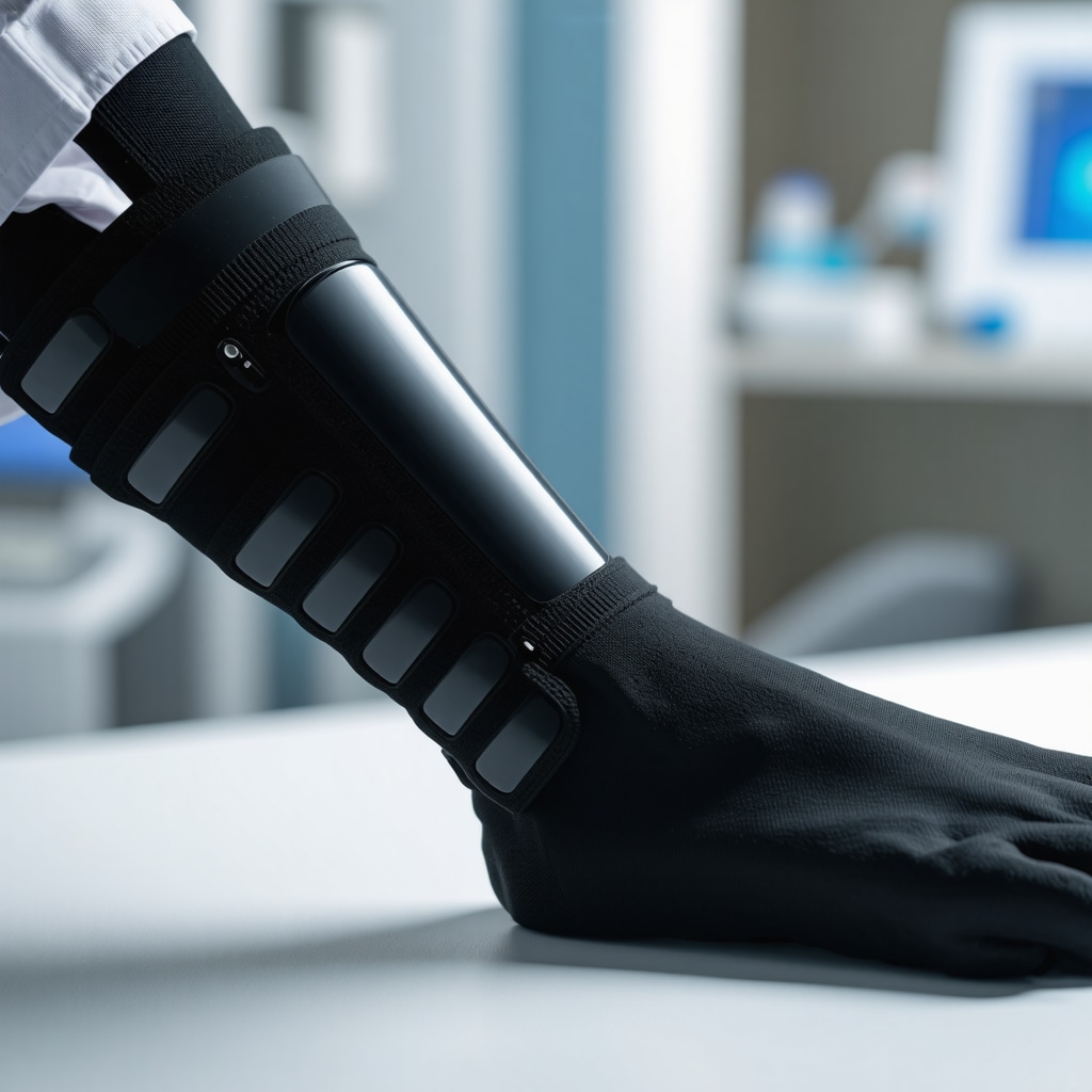 Futuristic orthopedic brace equipped with sensors and digital interface, showcasing advanced technology in spinal support