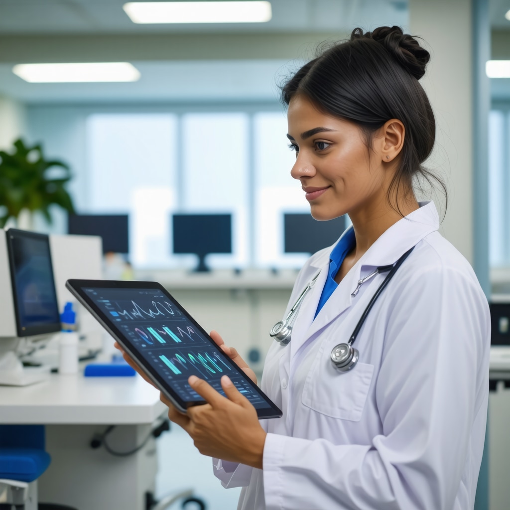 Doctor analyzing digital health data in a clinic