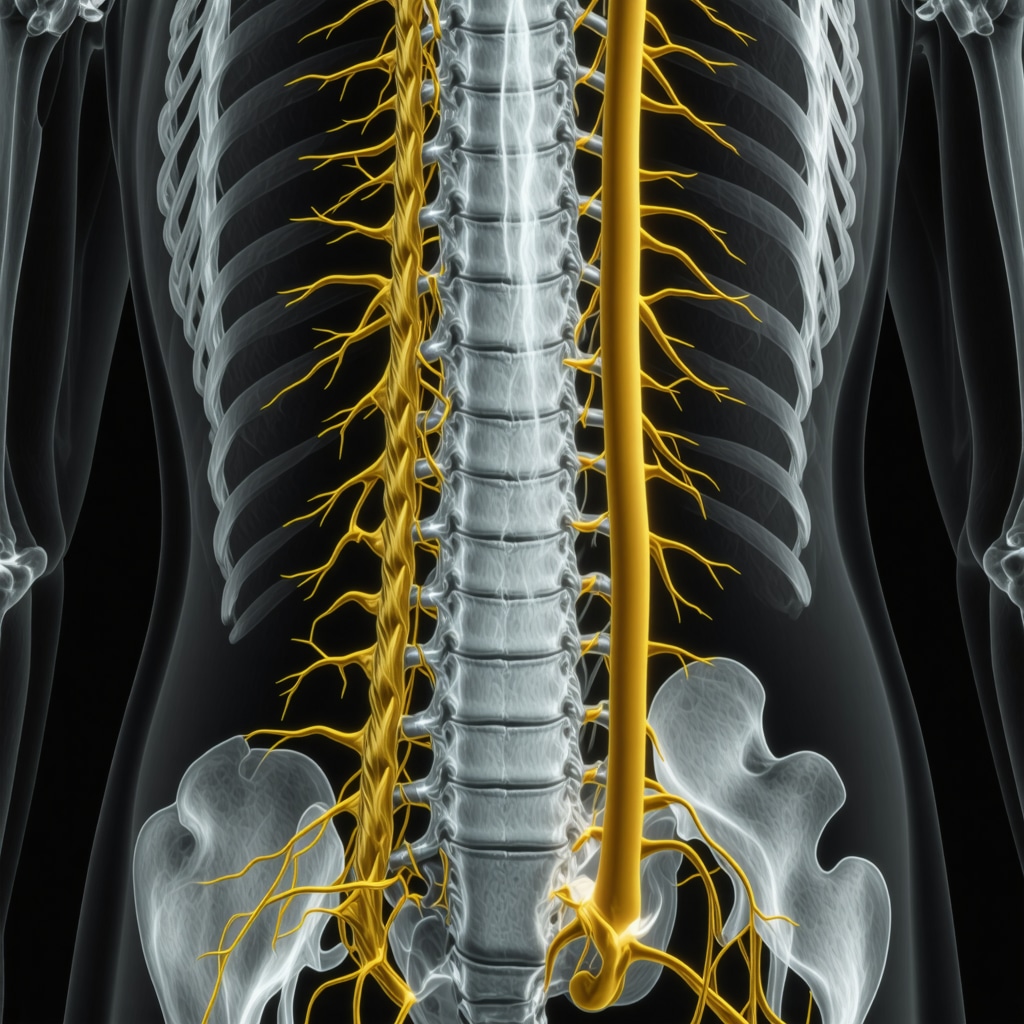 Detailed MRI scan of the human spine showing nerve structures and disc health