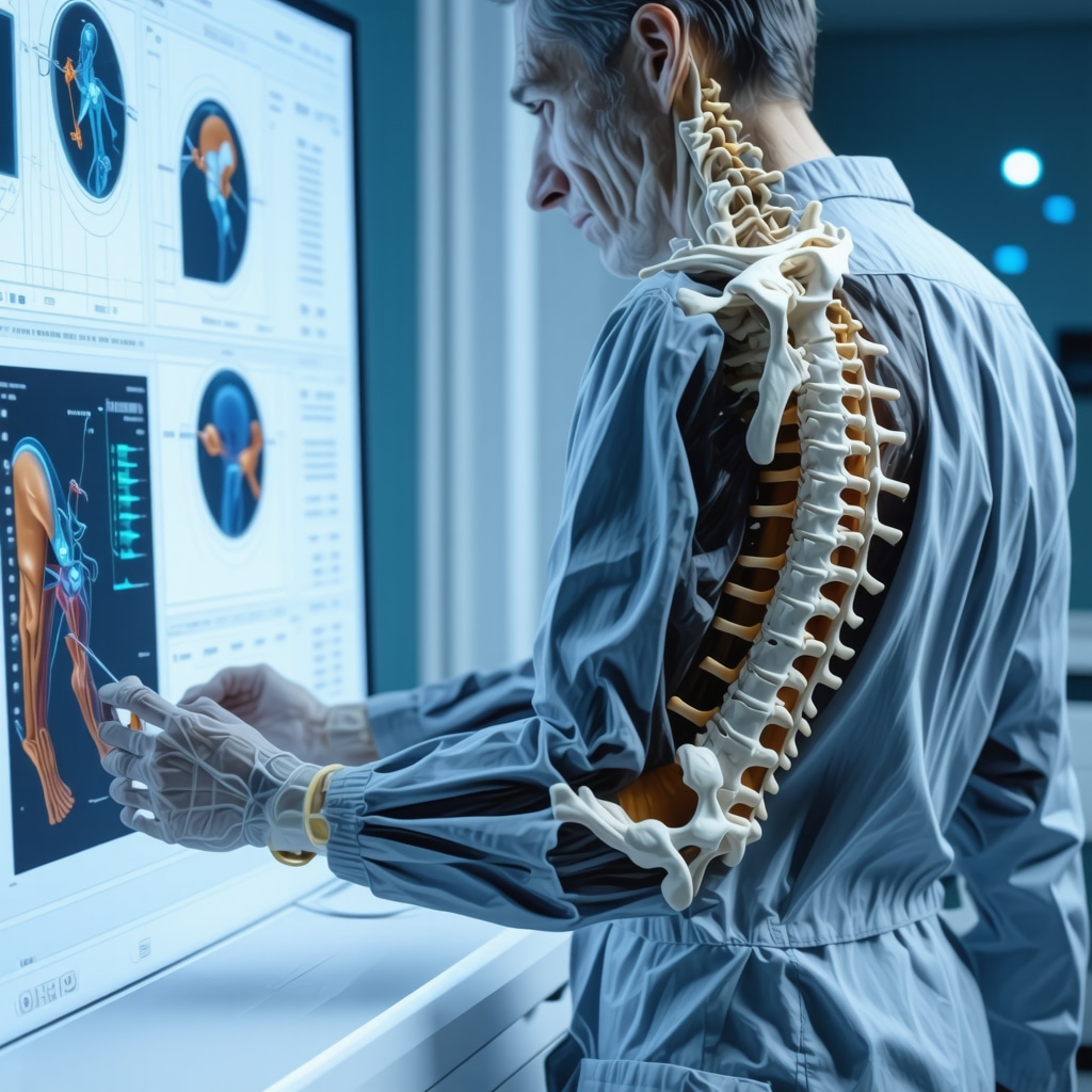 Medical professional using advanced modeling tools to analyze spinal biomechanics