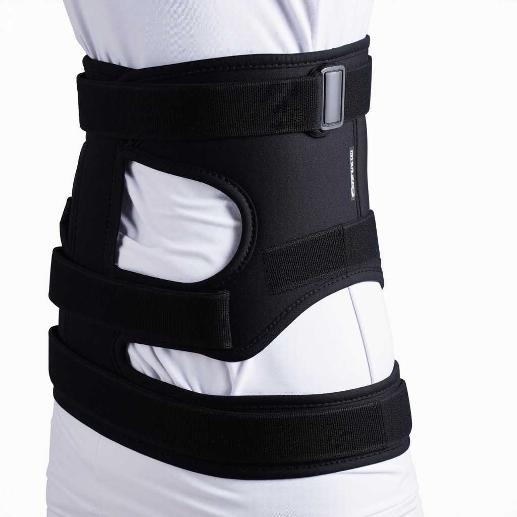 A person wearing a lightweight, adjustable orthopedic brace designed for active support of the spine.