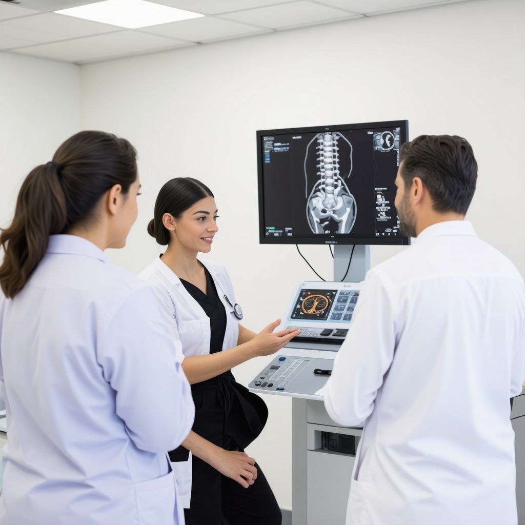 Orthopedic doctor discussing advanced imaging results with patient in a high-tech clinic.