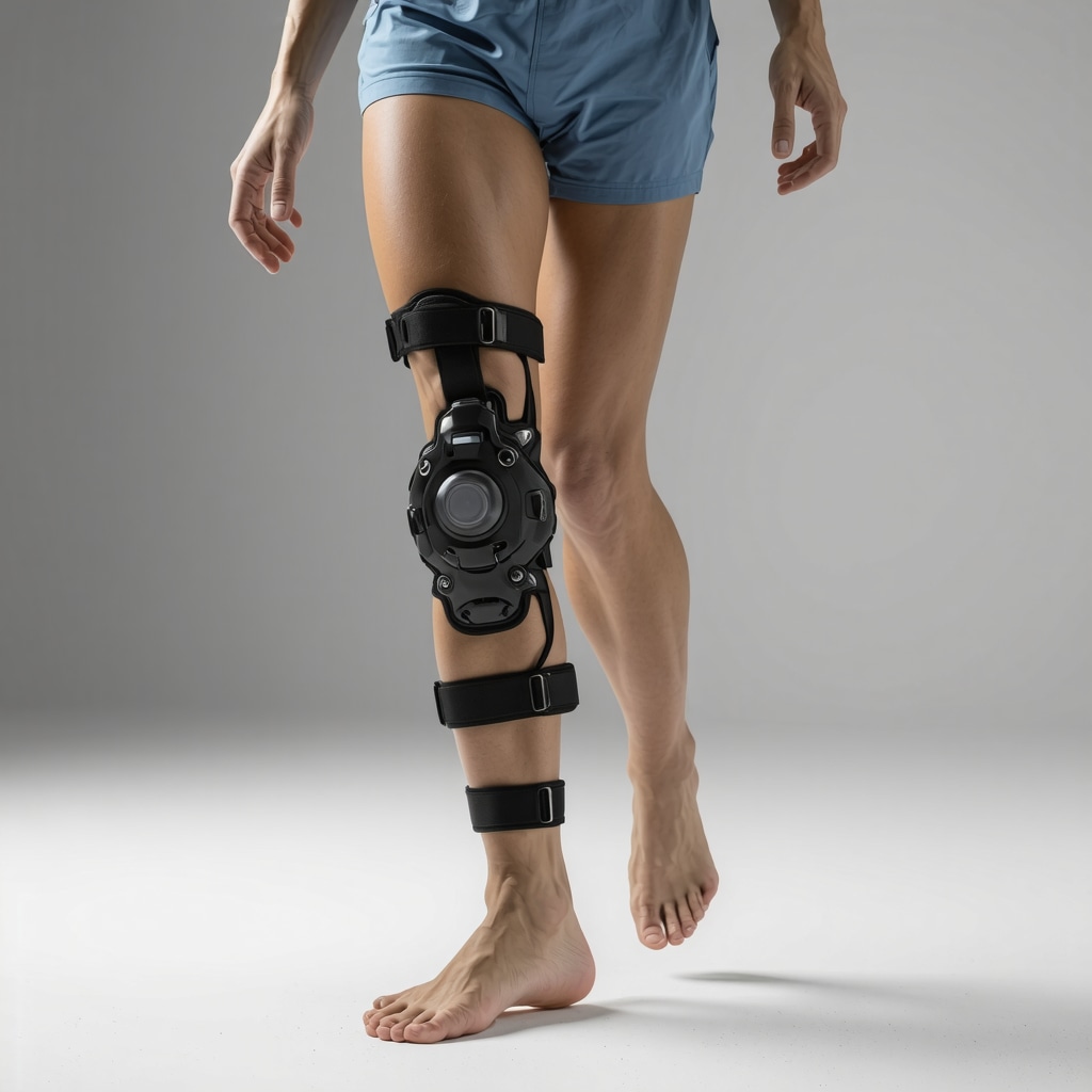 A patient wearing a custom-fit orthopedic brace with advanced materials and ergonomic features during therapy.