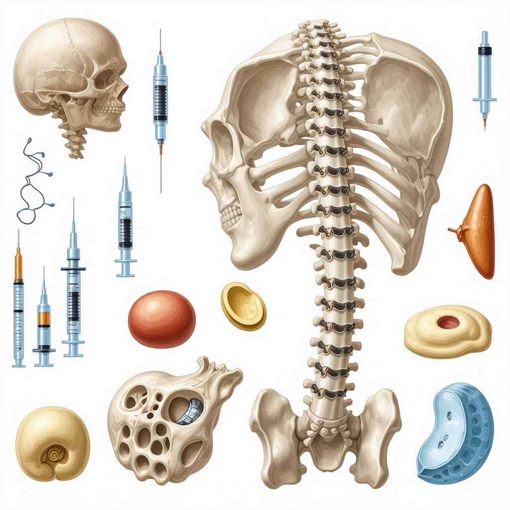 Visual depiction of regenerative medicine techniques for spinal repair, including PRP injections and stem cell therapies.