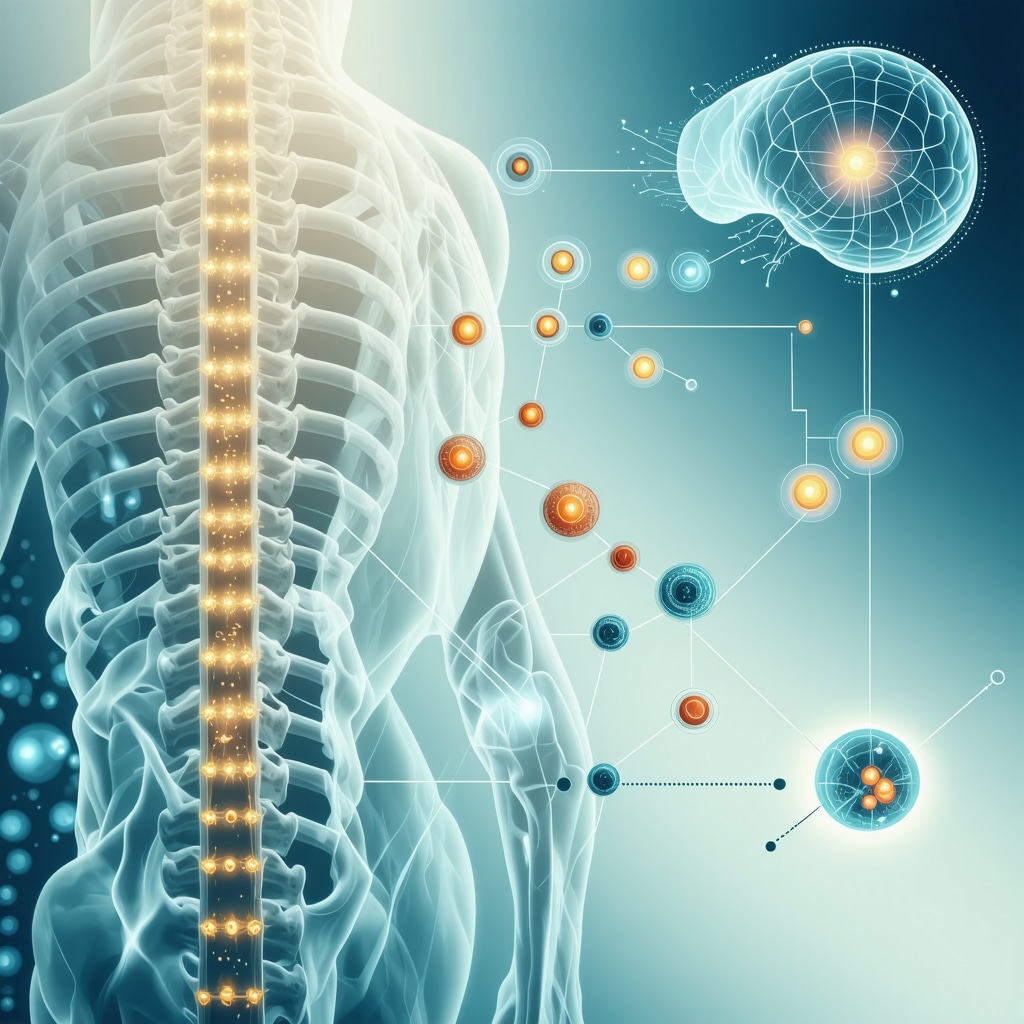 Conceptual image illustrating AI and biomarker integration for personalized orthopedic spine treatment