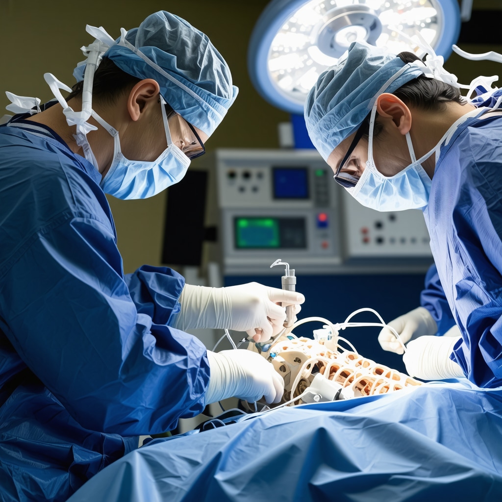 Surgeon operating with advanced navigation technology in a modern surgical suite