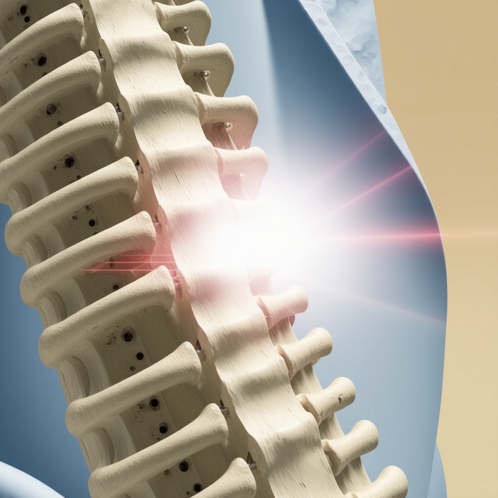 Detailed illustration of laser-assisted spine decompression targeting herniated disc with minimal tissue damage