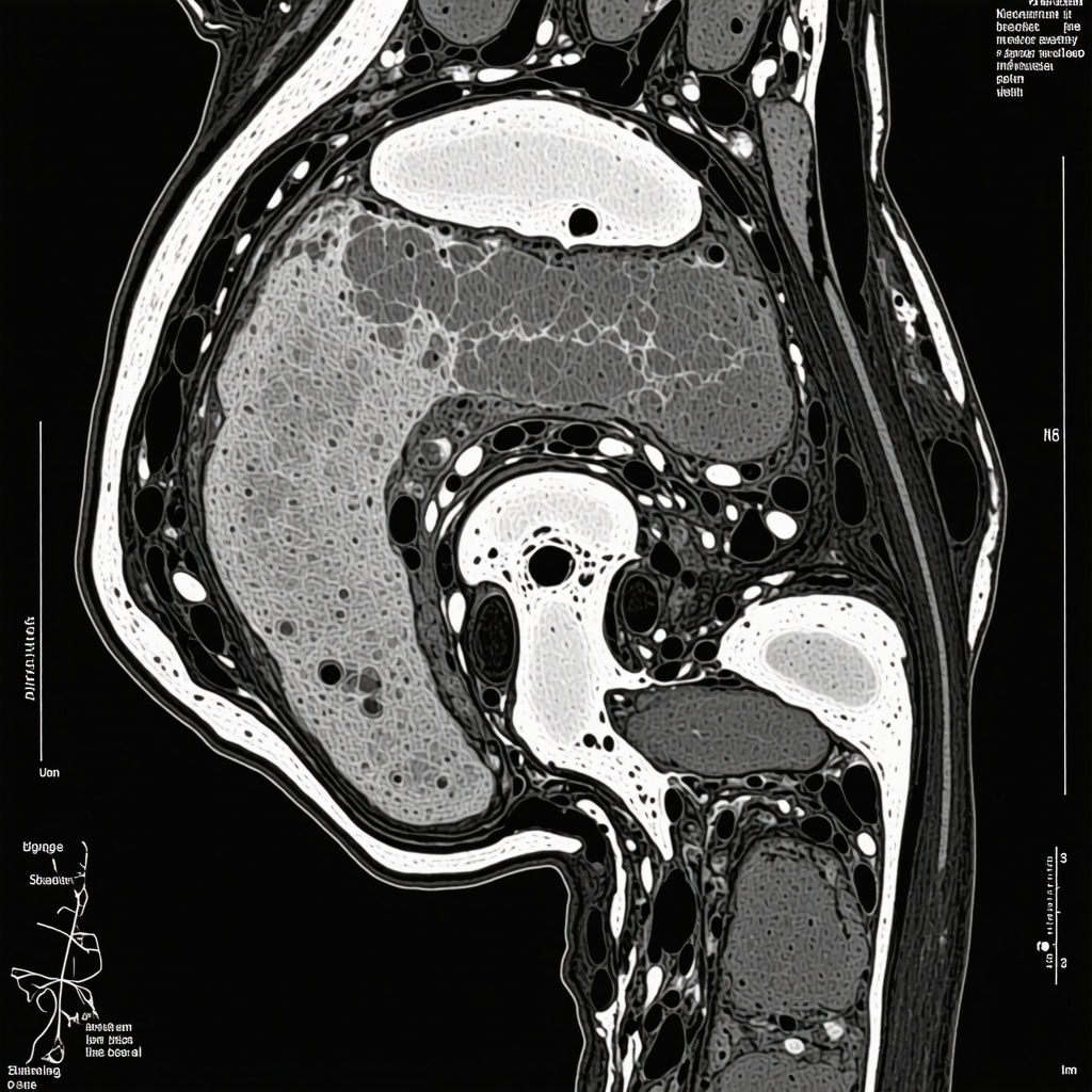 MRI scan showing bulging disc in lower back with annotations.