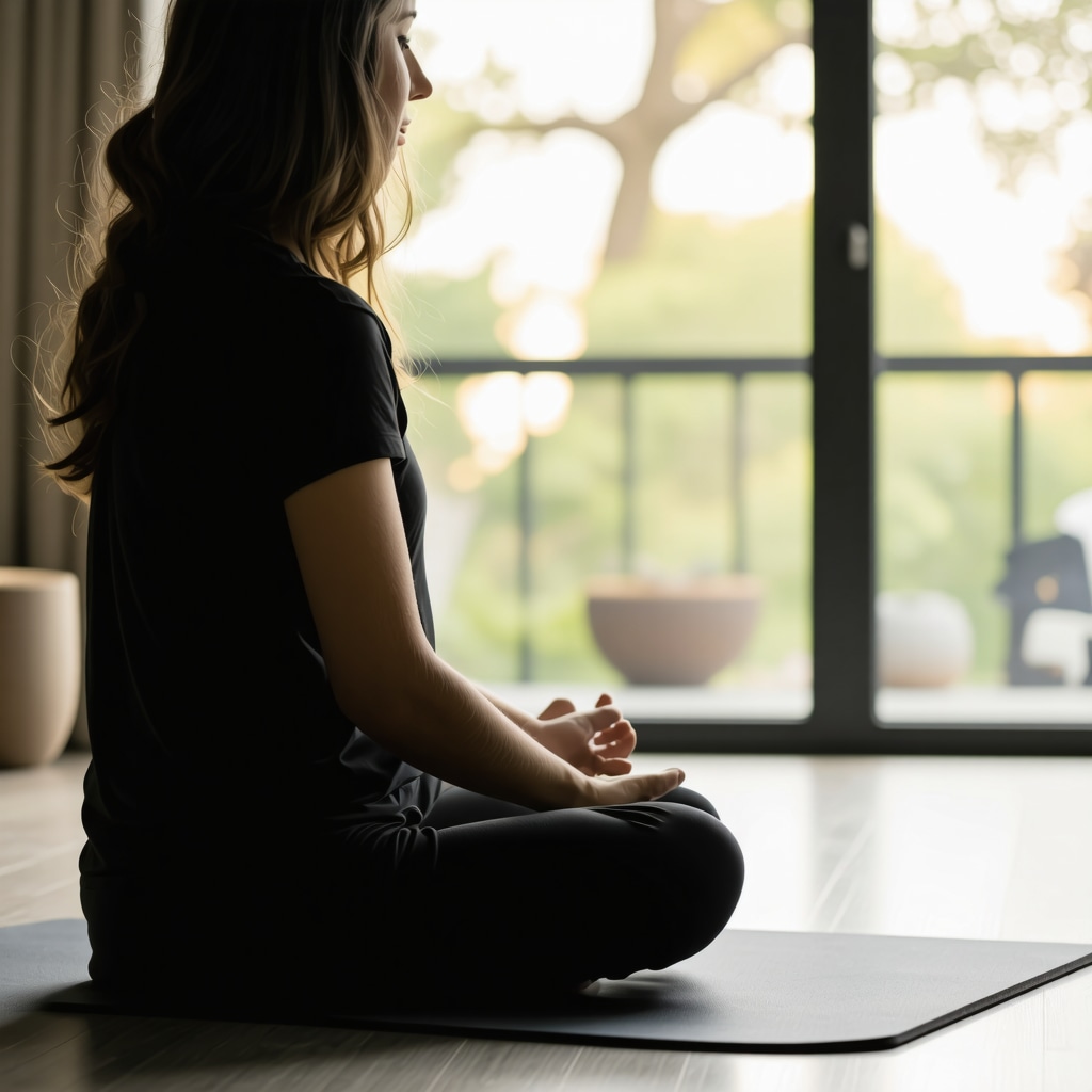 Person practicing mindfulness and gentle exercises during lumbar recovery at home