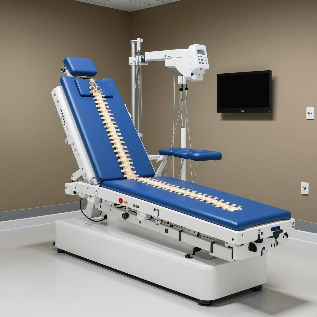 A high-tech spinal decompression machine in a healthcare clinic, highlighting advanced medical technology for back pain treatment.