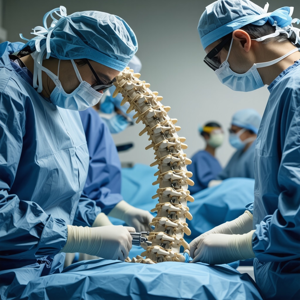 Illustration of a surgeon performing minimally invasive spine surgery with imaging guidance