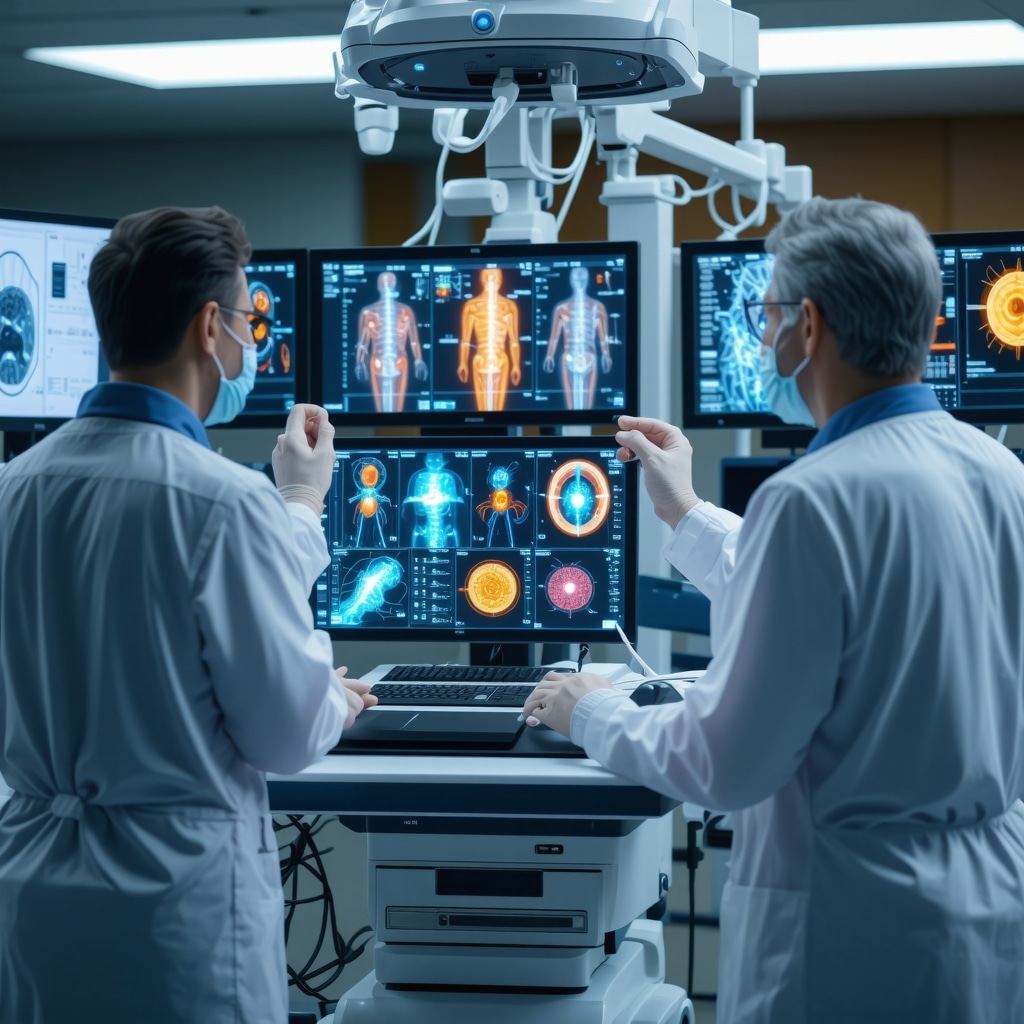 Orthopedic surgeons and neurologists collaborating using AI diagnostics and wearable sensor data for chronic back pain treatment