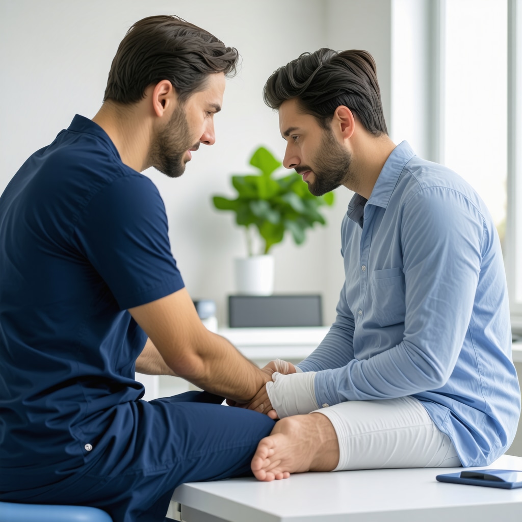 Orthopedic surgeon discussing complex foot injury with patient in clinic