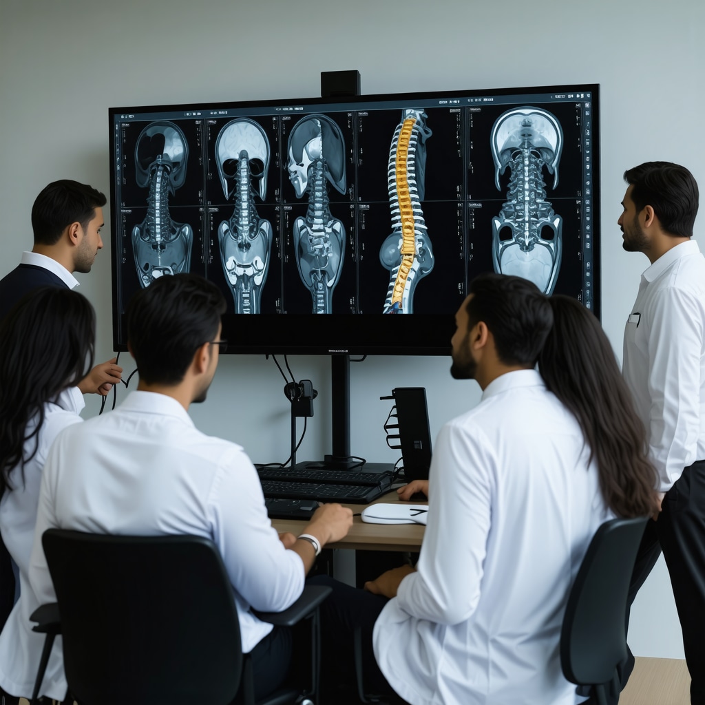 Medical professionals examining functional MRI and AI data for chronic back pain management