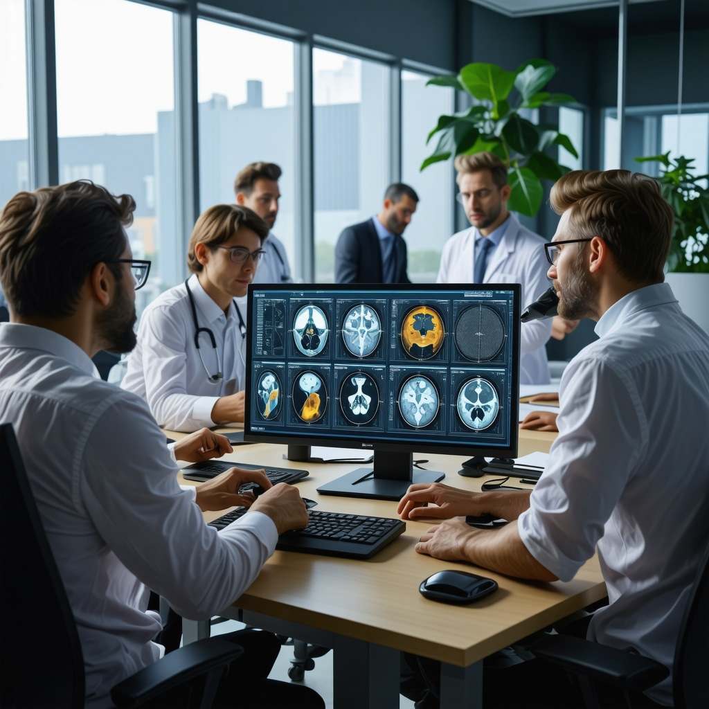 Orthopedic surgeons, radiologists, AI specialists, and attorneys reviewing medical records and imaging scans collaboratively