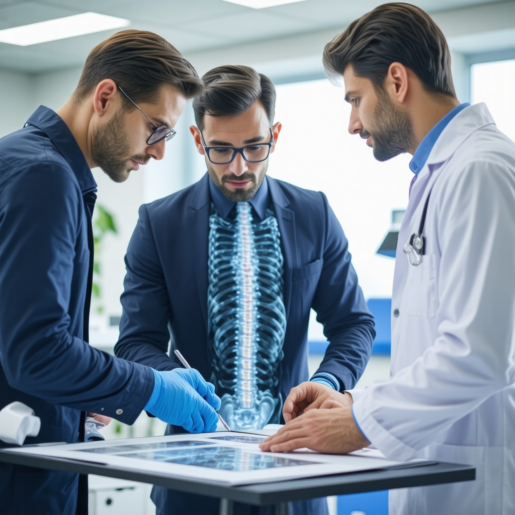 Orthopedic surgeons, neurologists, and physical therapists discussing spinal nerve imaging and treatment strategies