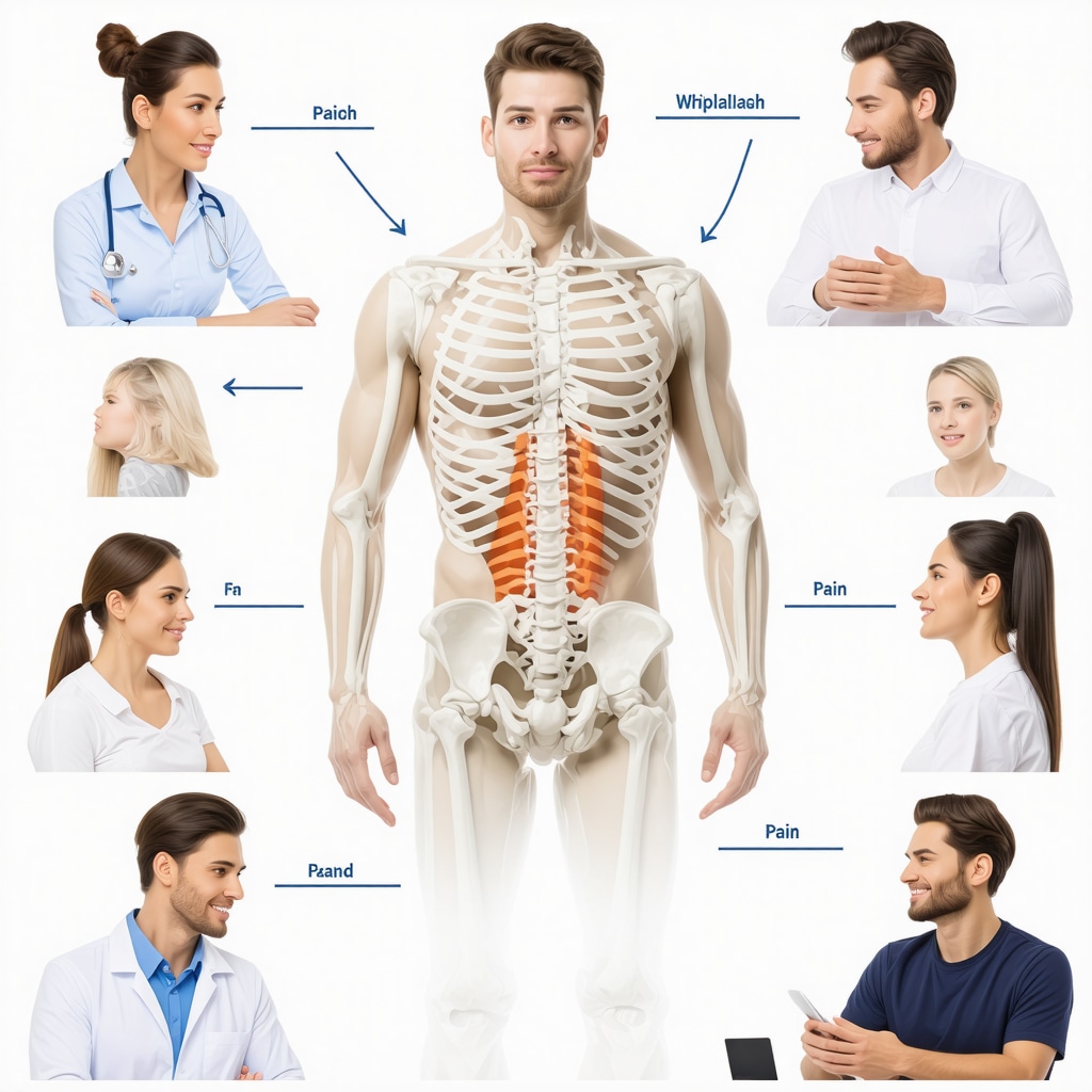 Illustration of healthcare professionals collaborating on whiplash recovery with wearable tech and therapy tools.