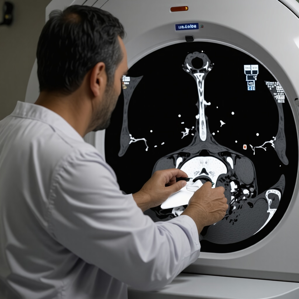 Doctor examining MRI scan of patient's shoulder for injury diagnosis.