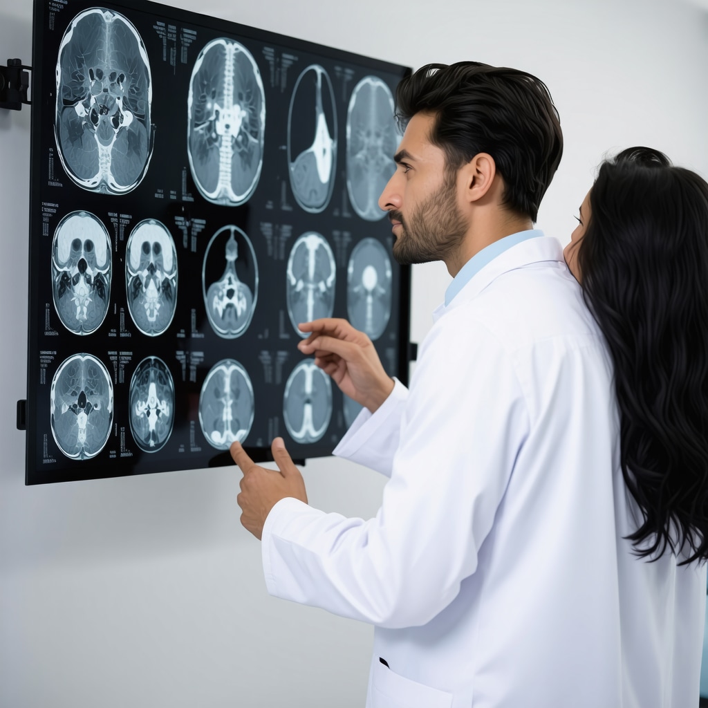 Orthopedic specialist showing MRI images to a patient during assessment.