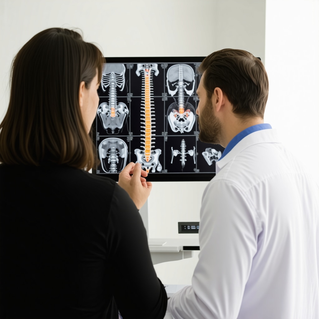 Orthopedic doctor explaining sciatica treatment options using spine model and digital imaging