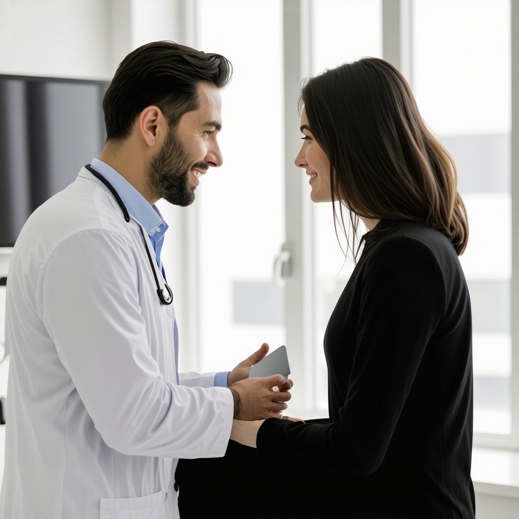 Spine surgeon discussing treatment options with a patient in a clinic.