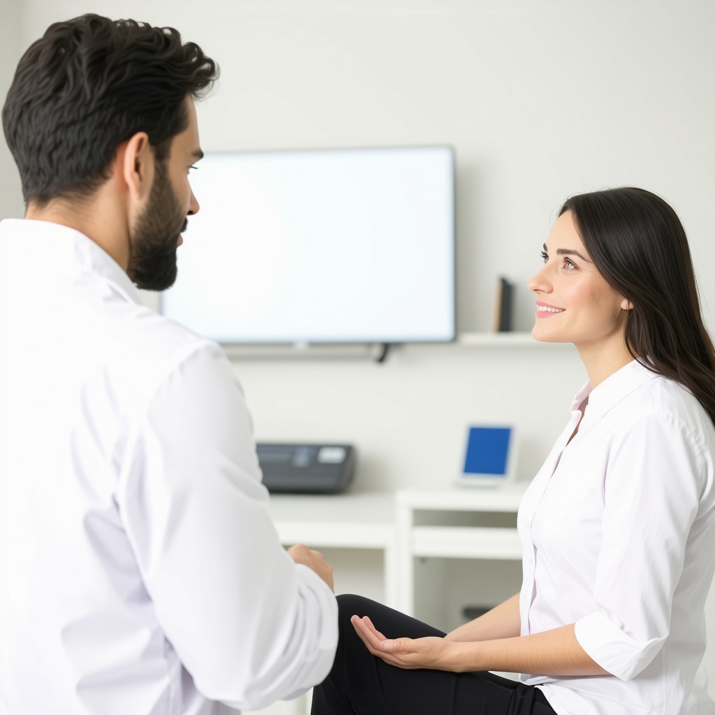 A professional spine surgeon discussing treatment options with a patient in a clinic.