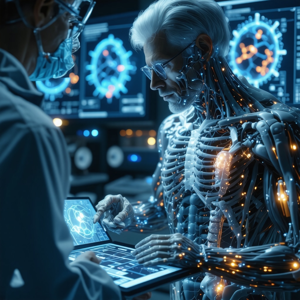 Orthopedic surgeon reviewing advanced diagnostics and AI biomechanical feedback for slipped disc treatment