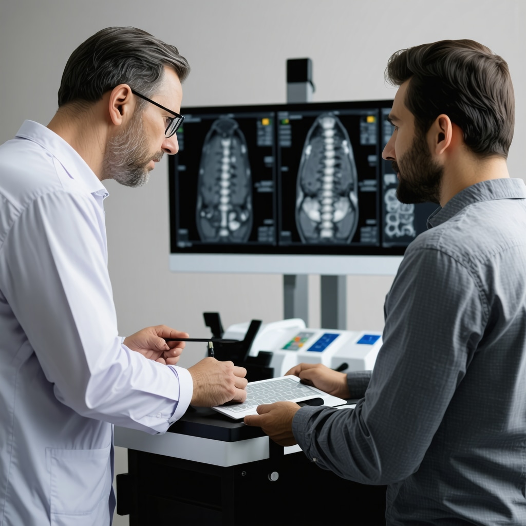 Orthopedic surgeon and patient reviewing spinal imaging and support devices.