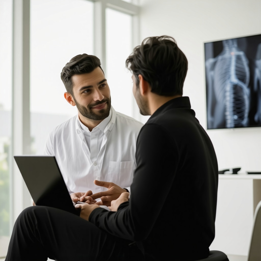Orthopedic surgeon explaining spinal surgery options to patient in clinic