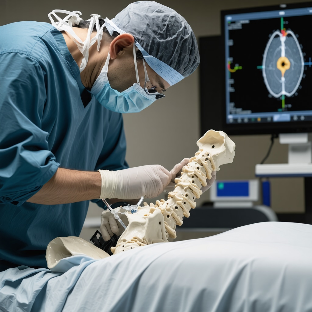 Orthopedic surgeon conducting spinal injection with imaging guidance