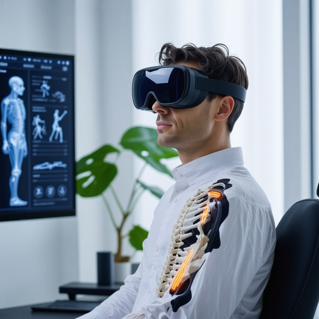 Patient wearing augmented reality glasses during spine injury rehabilitation with clinician guidance and biomechanical data overlay