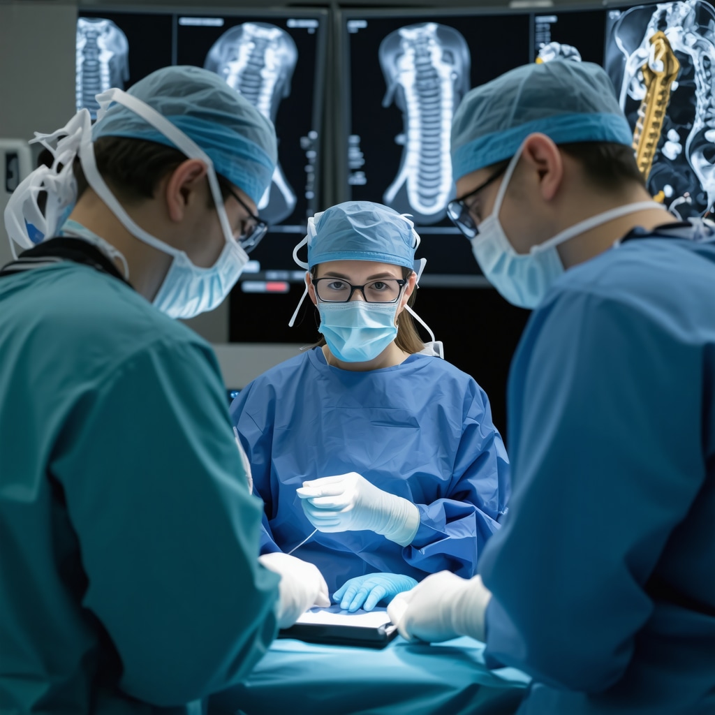 A patient discussing MRI findings and surgical plans with an orthopedic spine surgeon during a consultation.