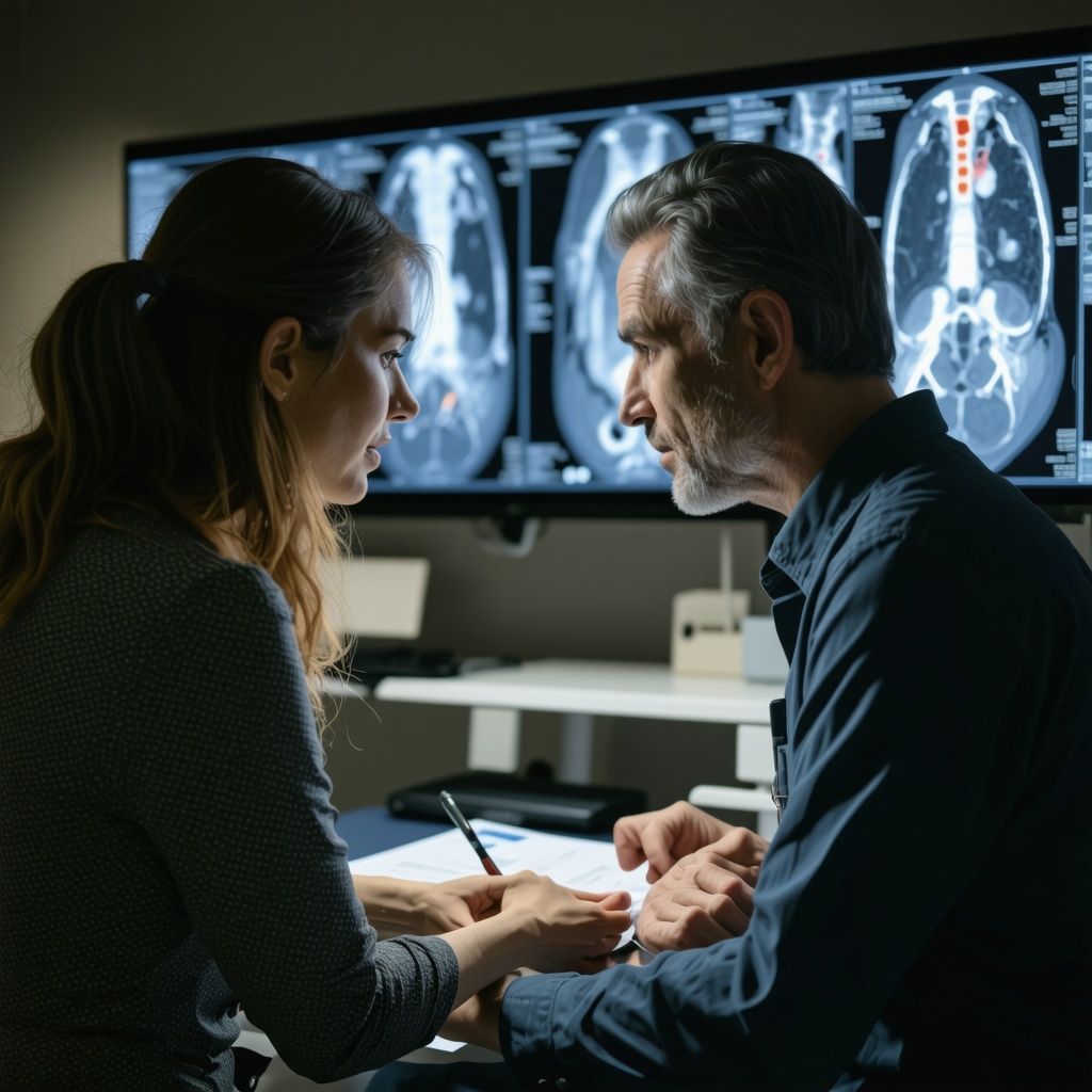 Orthopedic surgeon explaining MRI scan results to a patient during a consultation.