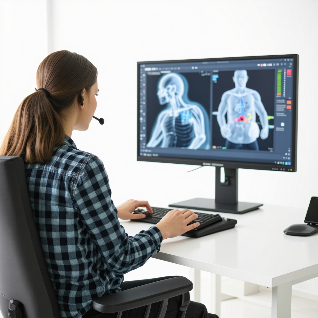 A professional conducting ergonomic analysis using digital motion capture technology at a contemporary office.