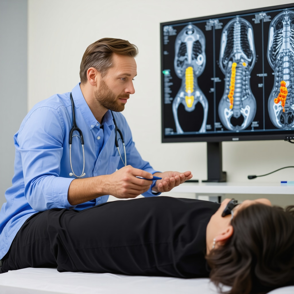 Doctor discussing MRI and regenerative therapy options with a patient for spinal health.