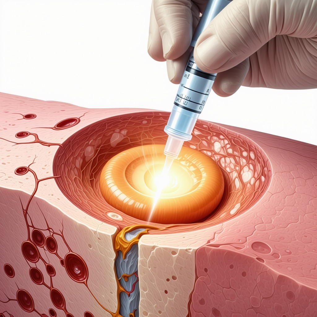Illustration of platelet-rich plasma therapy being administered to injured tissue for RSI recovery