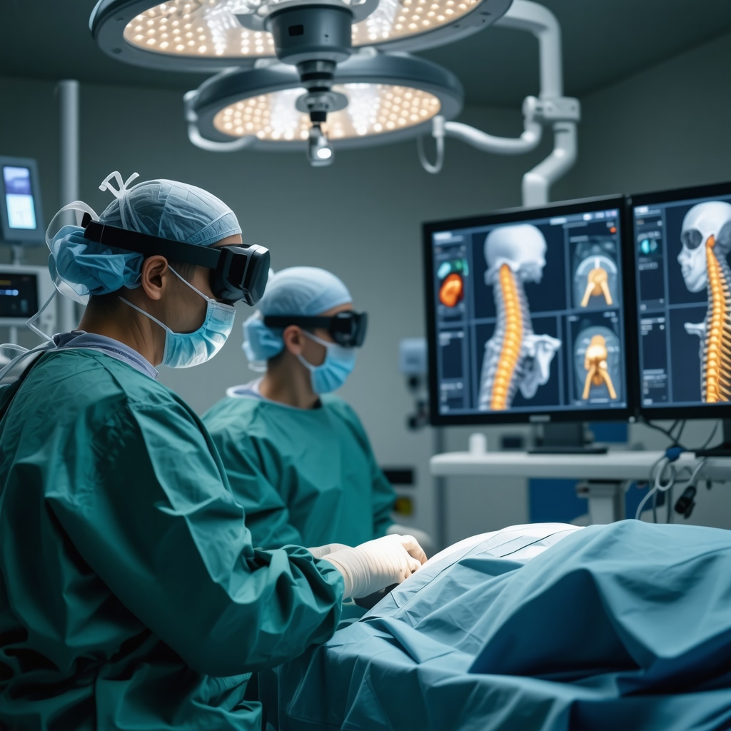 Surgeon performing cervical spine surgery with robotic assistance and augmented reality visualization