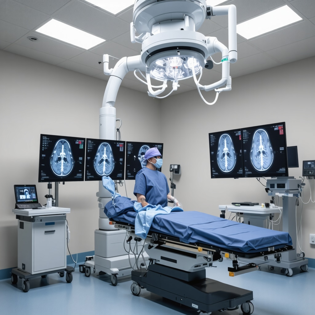Surgeon performing robotic-assisted spine surgery with AI imaging screens