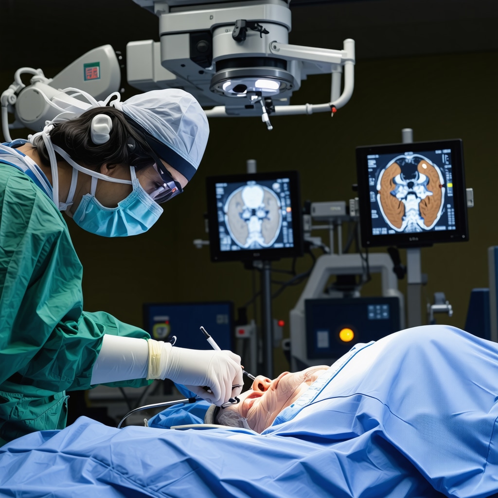 Robotic surgical system during spinal procedure with imaging screens showing real-time guidance.