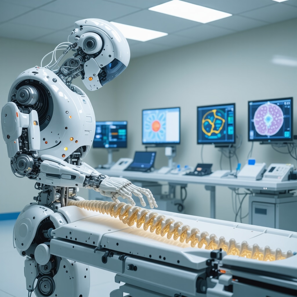 Robotic-assisted spine surgery with AI interfaces analyzing nerve pathways in a futuristic operating room