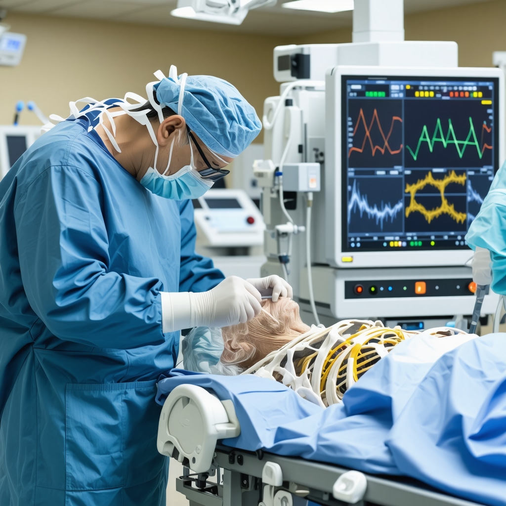 Surgeon operating robotic-assisted spine surgery equipment on elderly patient