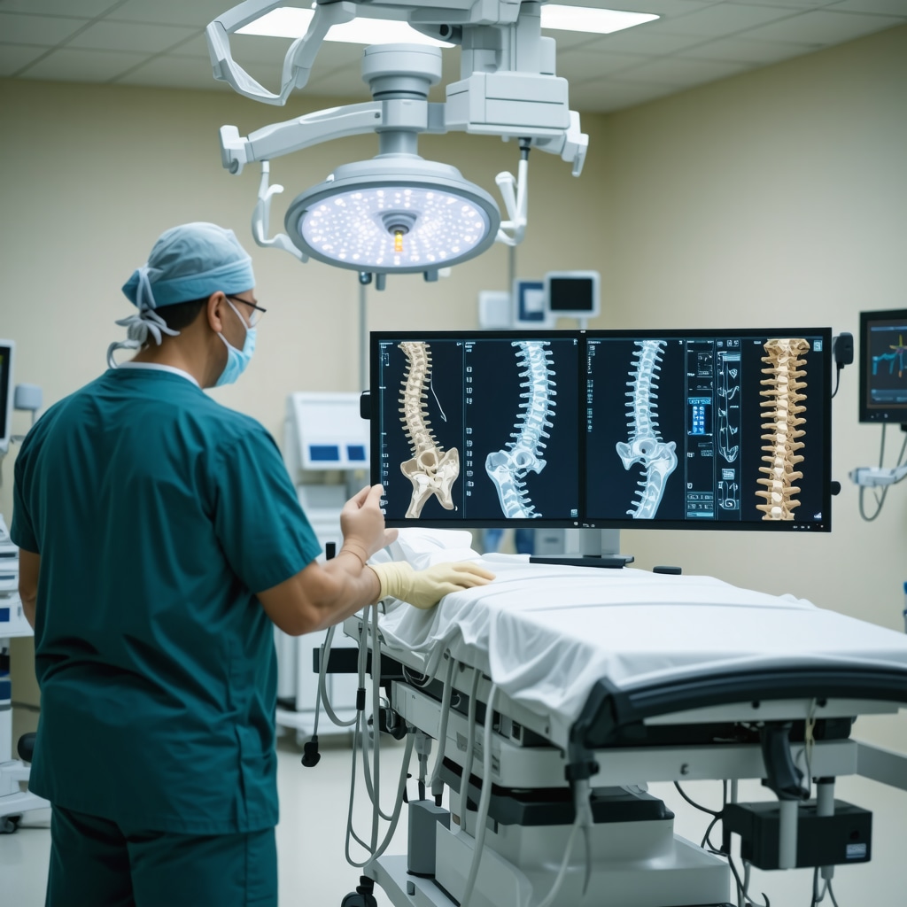 Orthopedic surgeon using robotic-assisted equipment and AI 3D models for precise spine surgery